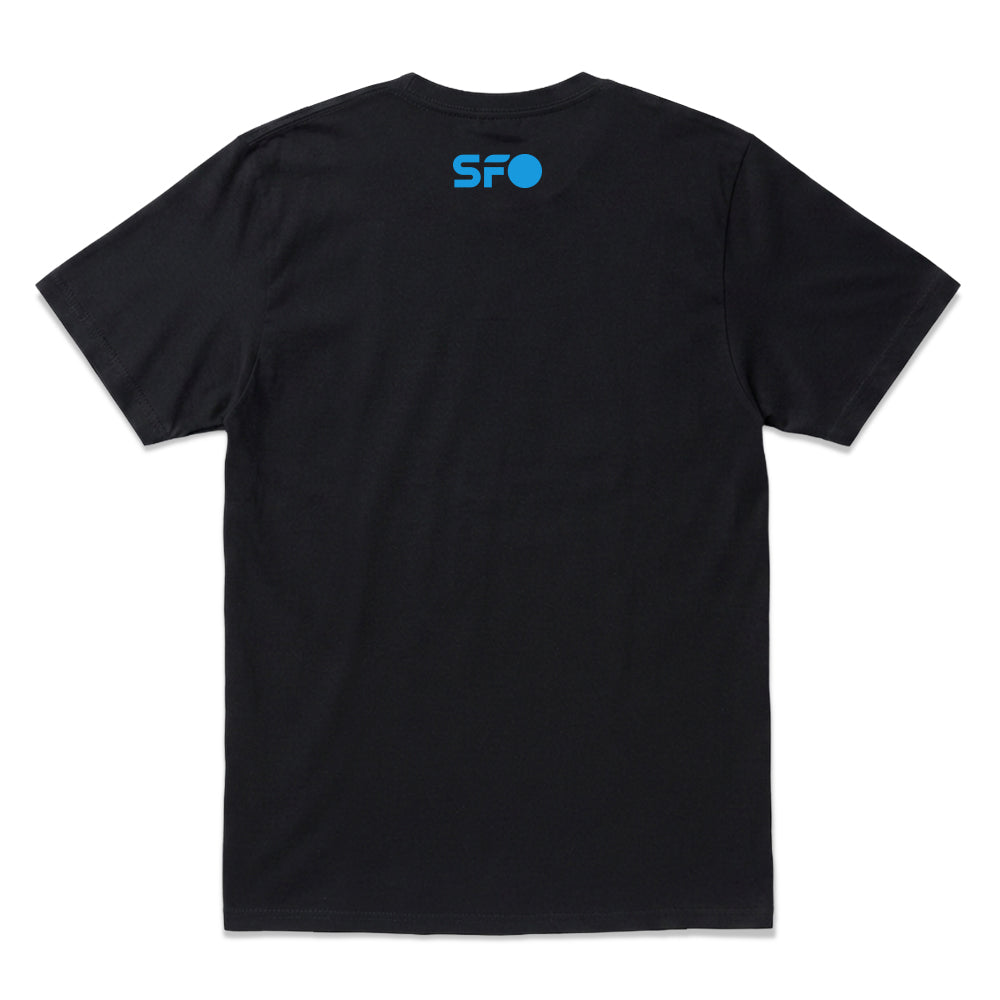 A black short-sleeve t-shirt shown from the back, featuring a small blue 'SFO' logo printed on the upper back, set against a plain white background.