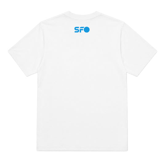 A white short-sleeve crewneck t-shirt shown from the back, featuring a small blue 'SFO' logo printed at the center of the upper back.