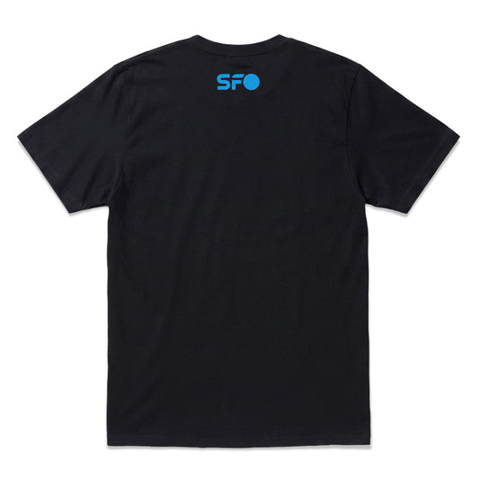 A black short-sleeve t-shirt shown from the back, featuring a small blue 'SFO' logo printed on the upper back, set against a plain white background.