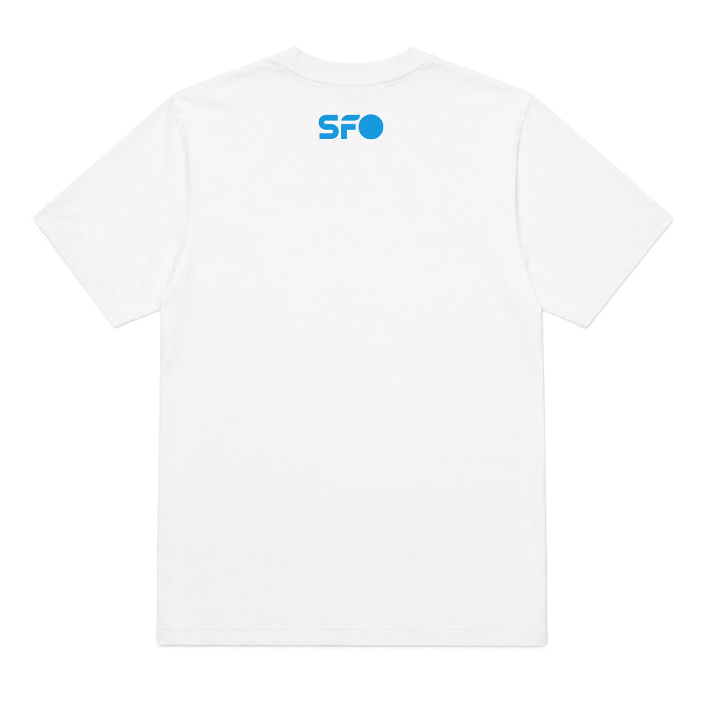 A white short-sleeve crewneck t-shirt shown from the back, featuring a small blue 'SFO' logo printed at the center of the upper back.