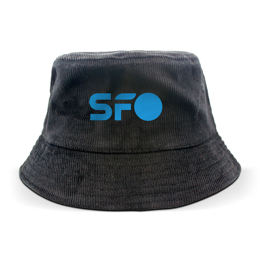 Black bucket hat with blue 'SFO' logo on a white background