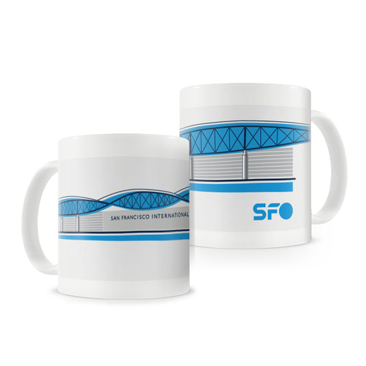 Two mugs with airport-themed designs on a white background