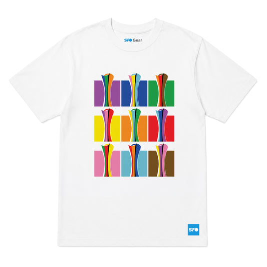 A white crewneck t-shirt featuring a colorful retro graphic of three columns of abstract, wavy vertical shapes in purple, blue, green, yellow, red, pink, and brown. The brand 'SPO Gear' is printed inside the collar and on a small blue tag near the bottom right hem.
