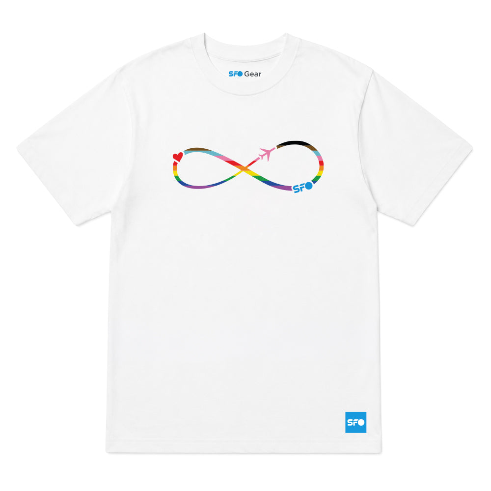 A white short-sleeve crewneck t-shirt featuring a rainbow-colored infinity loop graphic on the chest with a small airplane and 'SFO' text, and a blue SFO logo on the bottom right hem.