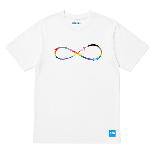A white short-sleeve crewneck t-shirt featuring a rainbow-colored infinity loop graphic on the chest with a small airplane and 'SFO' text, and a blue SFO logo on the bottom right hem.