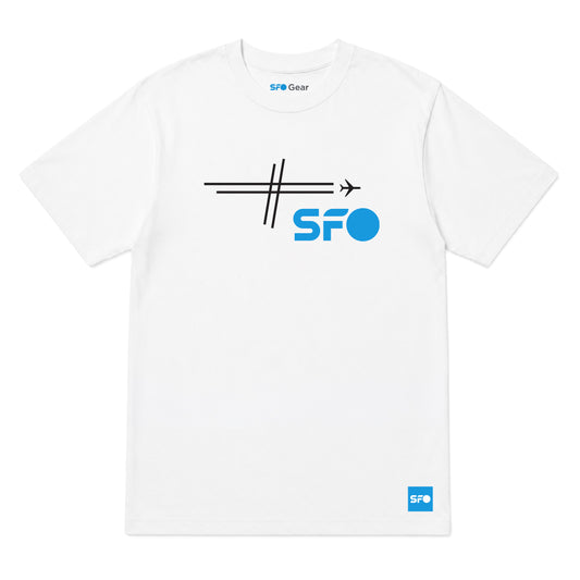 A white short-sleeve crewneck t-shirt featuring a black and blue graphic on the chest with the text 'SFO' and an airplane motif, along with a small blue 'SFO Gear' logo printed inside the collar and a small blue 'SFO' logo patch on the bottom right hem.