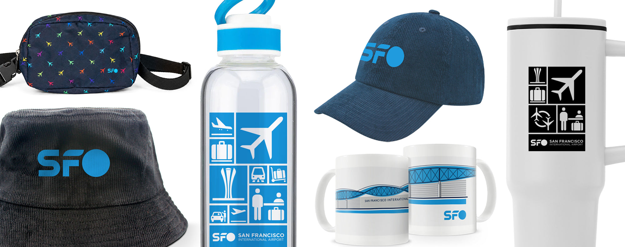 A collection of San Francisco Airport (SFO) branded merchandise, including a patterned crossbody bag, a dark bucket hat, a clear water bottle with blue flight icons, a navy baseball cap, two white mugs, and a tall white travel tumbler, all featuring the SFO logo.