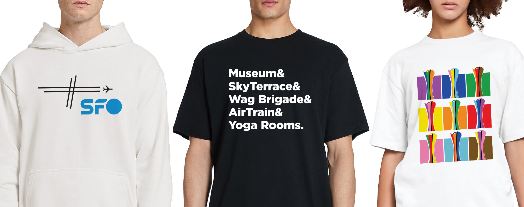 Three people wearing different shirts with text and graphics. SFO San Francisco International Airport.