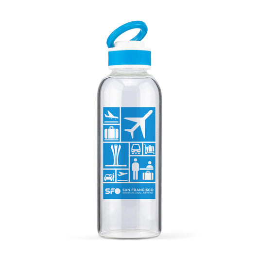 A clear plastic water bottle with a blue and white lid and handle, featuring a blue and white travel-themed graphic with the text 'SAN FRANCISCO' and 'BROOKFIELD, NJ' on a white background.