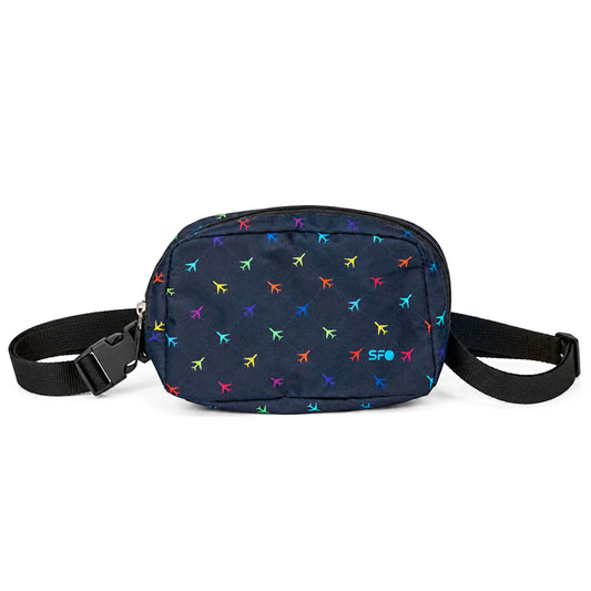 A navy blue waist bag with a colorful airplane pattern, featuring a black adjustable strap and a small blue 'SFO' logo on the front.