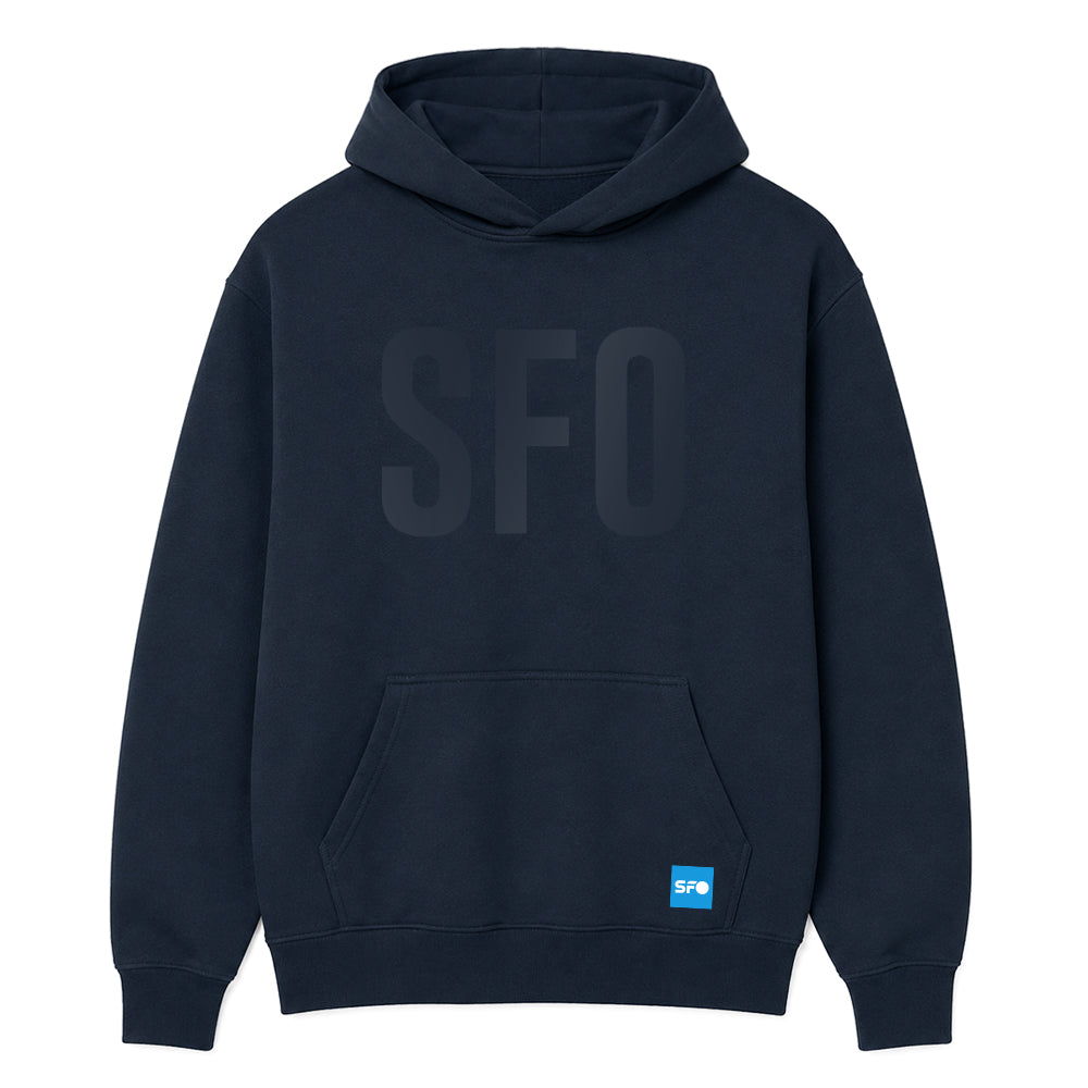 A dark navy blue pullover hoodie with a tonal, slightly lighter 'SFO' logo printed across the chest and a small blue 'SFO' patch on the lower left pocket, shown against a plain white background.