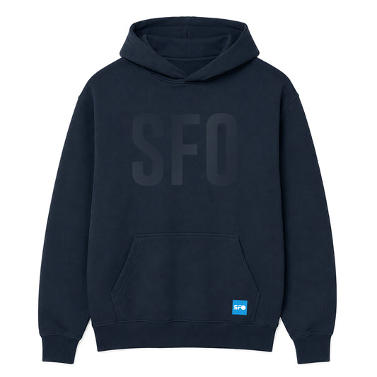 A dark navy blue pullover hoodie with a tonal, slightly lighter 'SFO' logo printed across the chest and a small blue 'SFO' patch on the lower left pocket, shown against a plain white background.