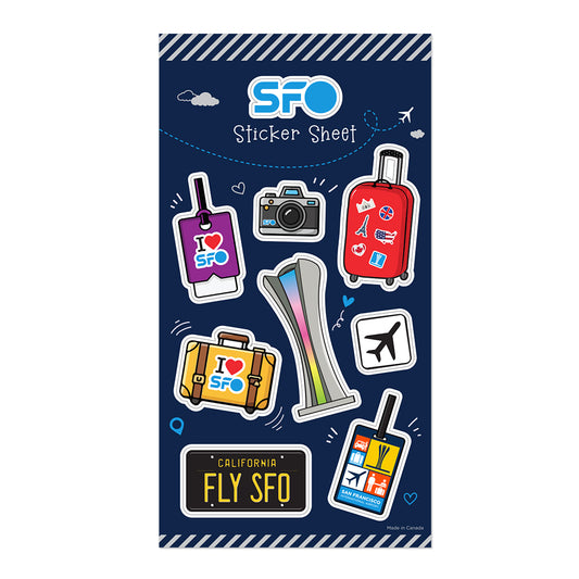 A sticker sheet featuring travel-themed stickers including luggage, an airplane, a camera, a tag, and a license plate on a dark blue background with the text 'SFO Sticker Sheet'.