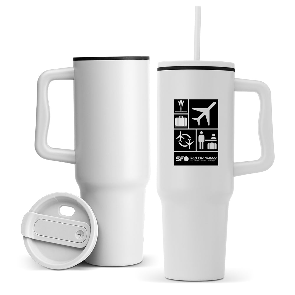 White travel mug with black icons and 'SFO San Francisco' text on a white background
