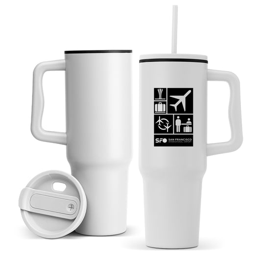 White travel mug with black icons and 'SFO San Francisco' text on a white background