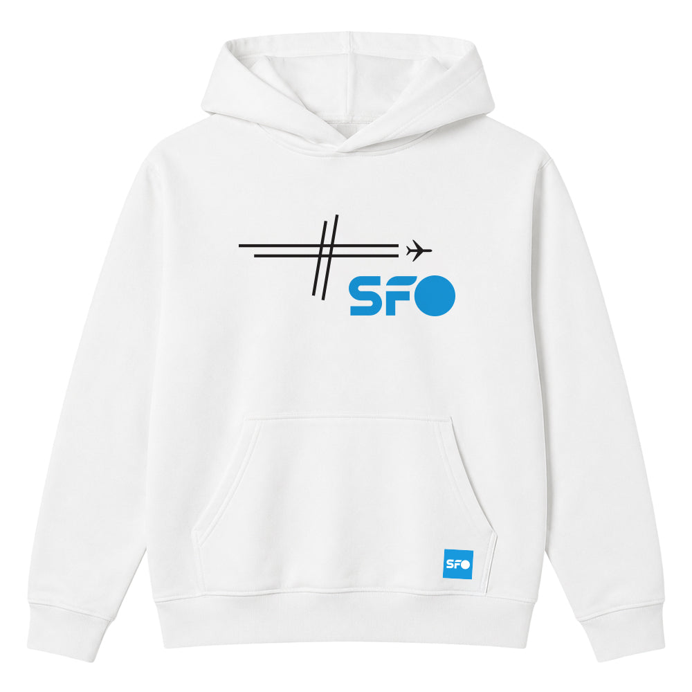 A white pullover hoodie with a black and blue graphic on the chest depicting an airplane and the letters 'SFO', along with a small matching blue 'sfo' logo patch on the front pocket.